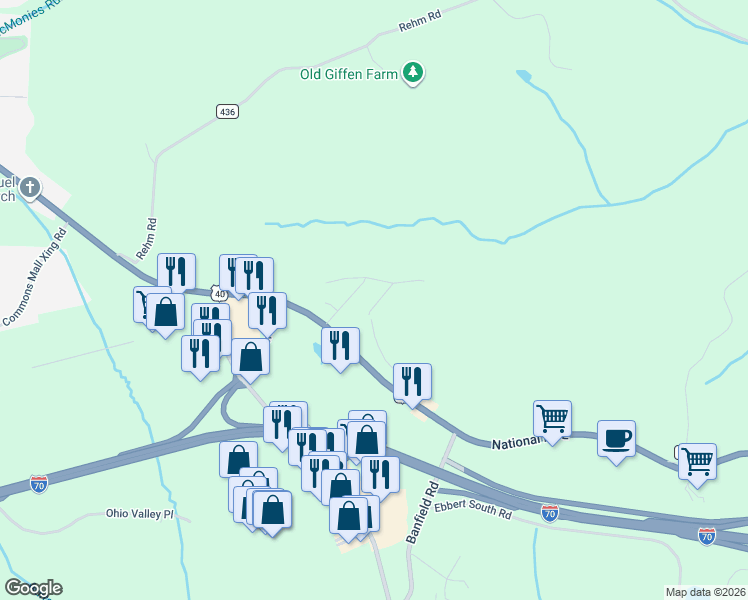 map of restaurants, bars, coffee shops, grocery stores, and more near 68488 Woodcroft in Saint Clairsville