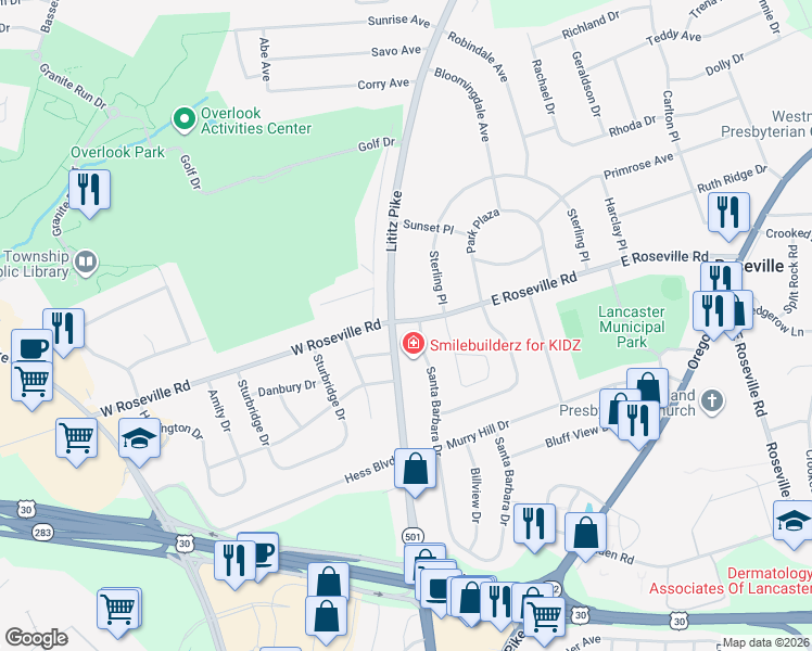 map of restaurants, bars, coffee shops, grocery stores, and more near 4 East Roseville Road in Lancaster