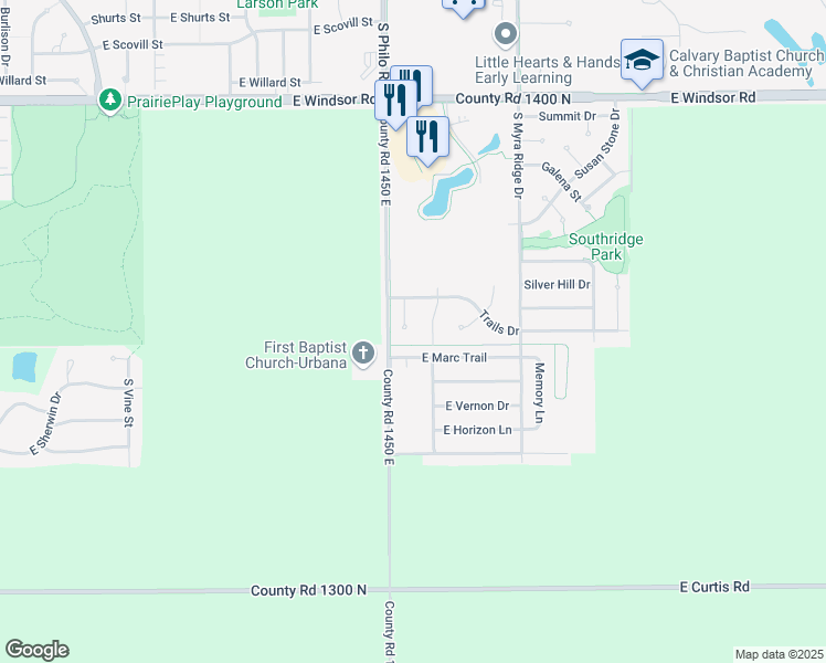 map of restaurants, bars, coffee shops, grocery stores, and more near 3208 Fawn Hill Court in Urbana