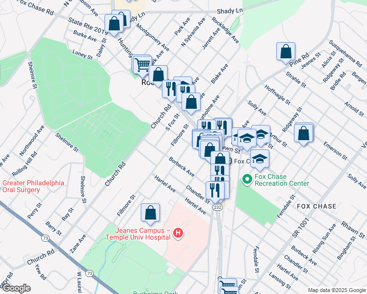map of restaurants, bars, coffee shops, grocery stores, and more near 7930 Burholme Avenue in Philadelphia