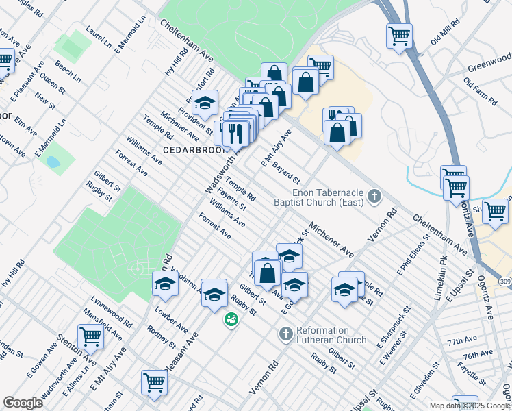 map of restaurants, bars, coffee shops, grocery stores, and more near 8248 Temple Road in Philadelphia