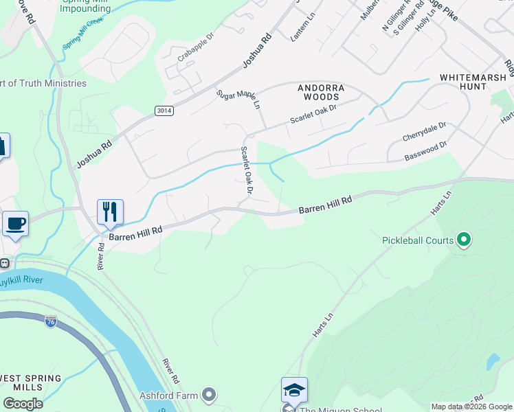 map of restaurants, bars, coffee shops, grocery stores, and more near 5 Red Maple Drive in Lafayette Hill