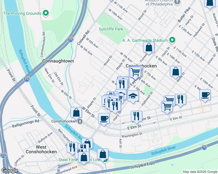 map of restaurants, bars, coffee shops, grocery stores, and more near 134 West 3rd Avenue in Conshohocken