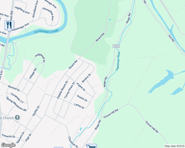 map of restaurants, bars, coffee shops, grocery stores, and more near 385 Riviera Street in Mount Wolf