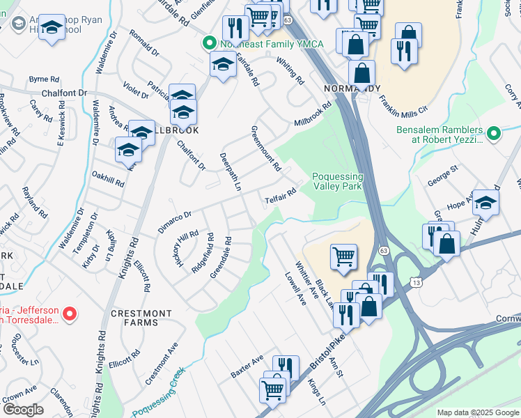 map of restaurants, bars, coffee shops, grocery stores, and more near 4418 Crossland Road in Philadelphia