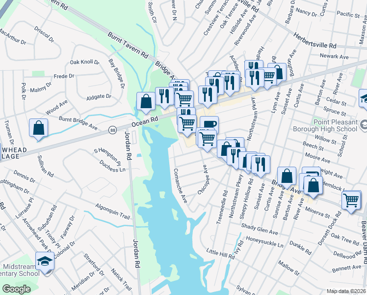 map of restaurants, bars, coffee shops, grocery stores, and more near 1104 Cohocton Place in Point Pleasant