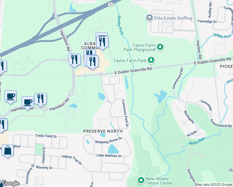 map of restaurants, bars, coffee shops, grocery stores, and more near 6433 Herb Garden Court in New Albany