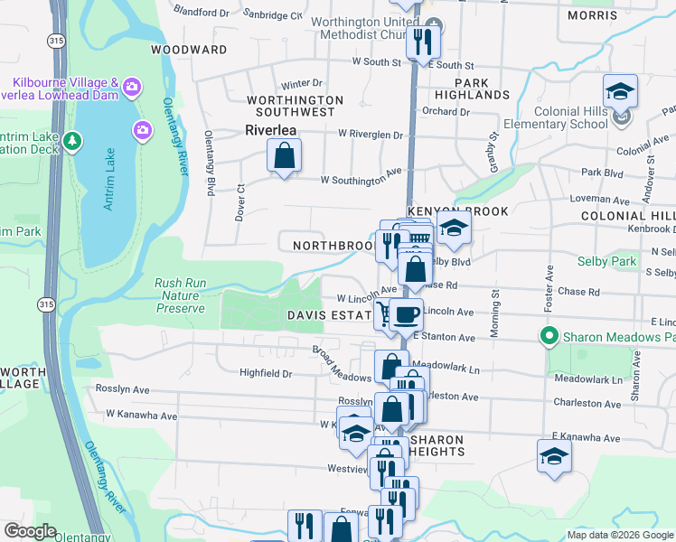 map of restaurants, bars, coffee shops, grocery stores, and more near 118 Sharon Springs Drive in Worthington