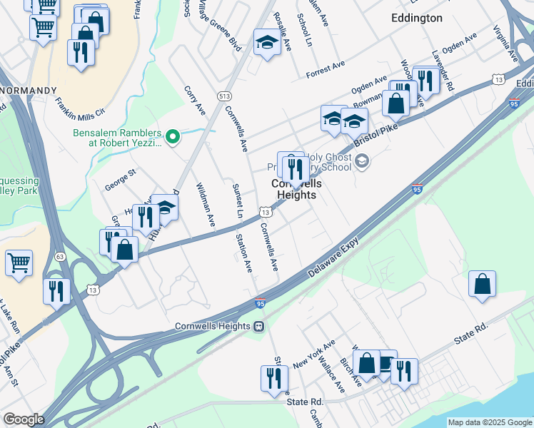 map of restaurants, bars, coffee shops, grocery stores, and more near in Bensalem