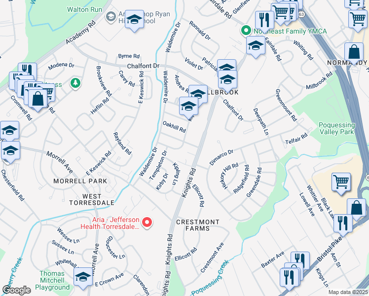 map of restaurants, bars, coffee shops, grocery stores, and more near 10989 Kipling Lane in Philadelphia