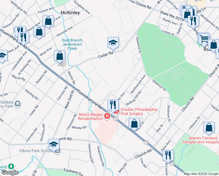map of restaurants, bars, coffee shops, grocery stores, and more near 1206 Valley Glen Road in Elkins Park