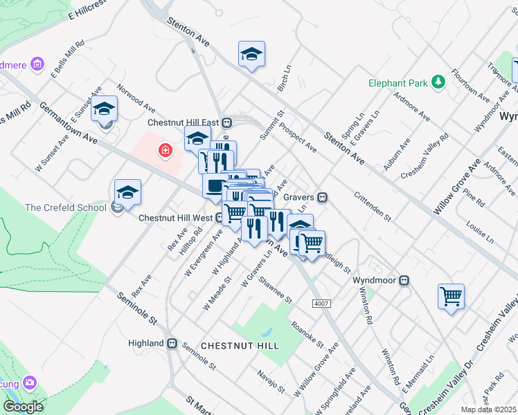 map of restaurants, bars, coffee shops, grocery stores, and more near 201 East Highland Avenue in Philadelphia