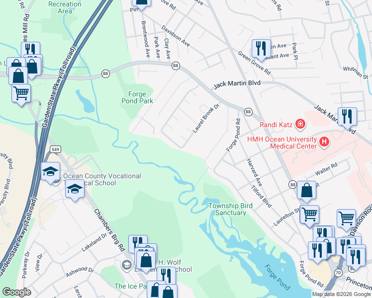 map of restaurants, bars, coffee shops, grocery stores, and more near 468D Laurel Brook Drive in Brick Township