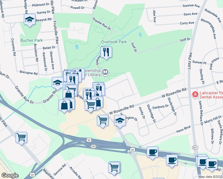 map of restaurants, bars, coffee shops, grocery stores, and more near 147 Foxshire Dr in Lancaster