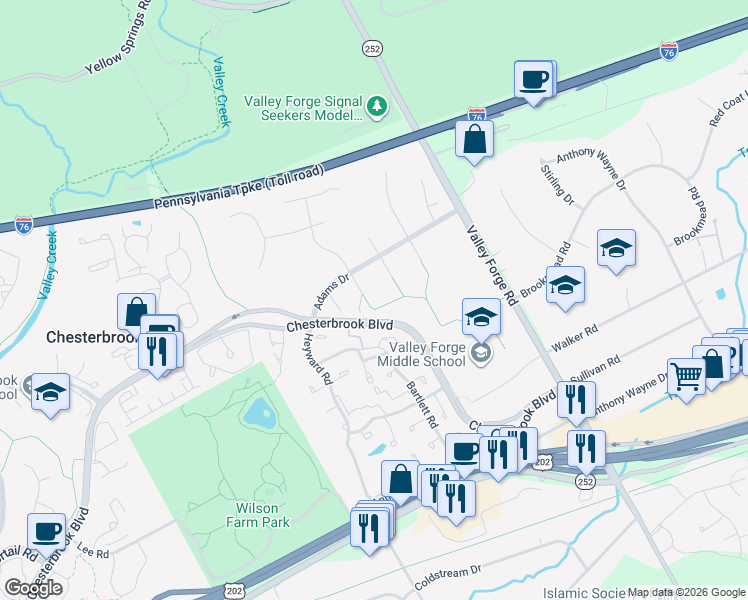 map of restaurants, bars, coffee shops, grocery stores, and more near 1451 Hancock Lane in Chesterbrook