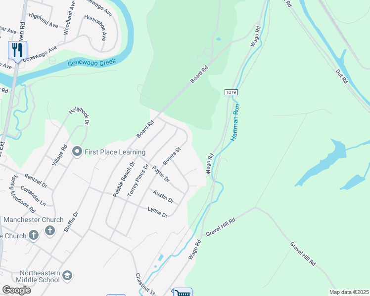 map of restaurants, bars, coffee shops, grocery stores, and more near 385 Riviera Street in Mount Wolf