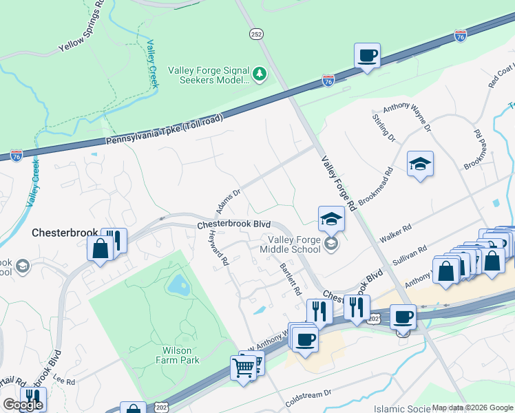 map of restaurants, bars, coffee shops, grocery stores, and more near 1451 Hancock Lane in Chesterbrook