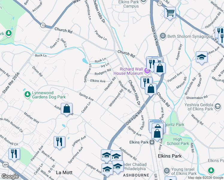 map of restaurants, bars, coffee shops, grocery stores, and more near 7900 Glen Oak Rd in Elkins Park