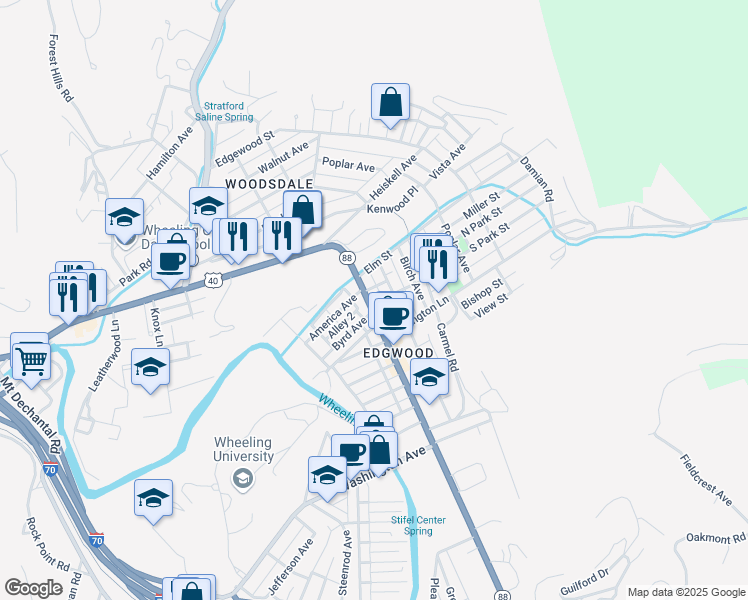 map of restaurants, bars, coffee shops, grocery stores, and more near 1097 National Road in Wheeling