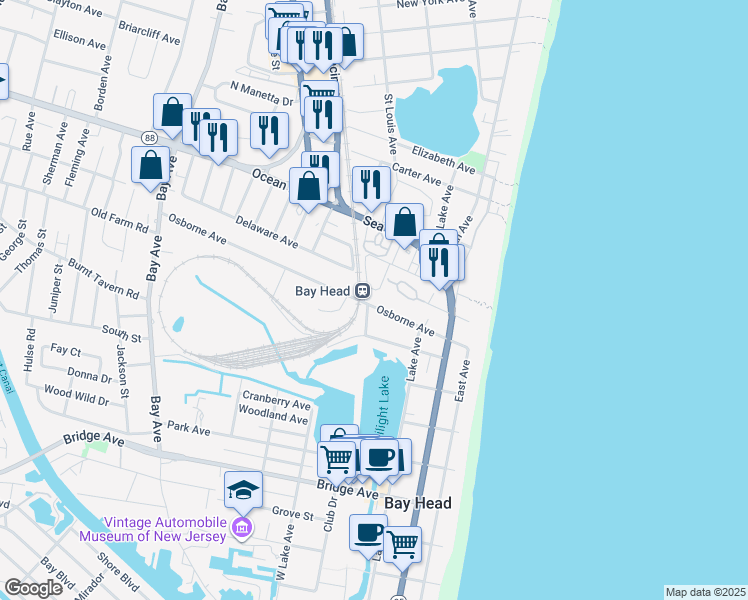 map of restaurants, bars, coffee shops, grocery stores, and more near in Bay Head