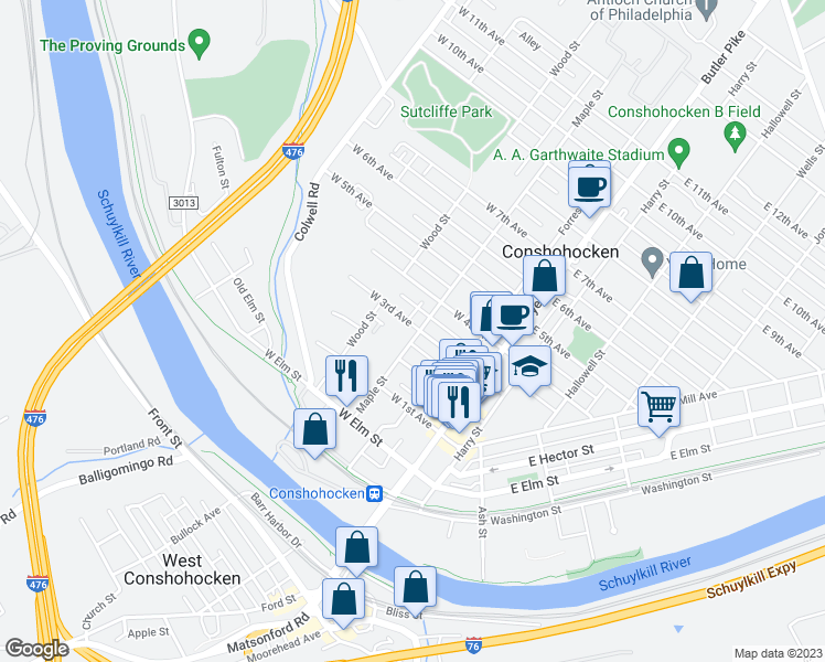 map of restaurants, bars, coffee shops, grocery stores, and more near 228 Maple Street in Conshohocken