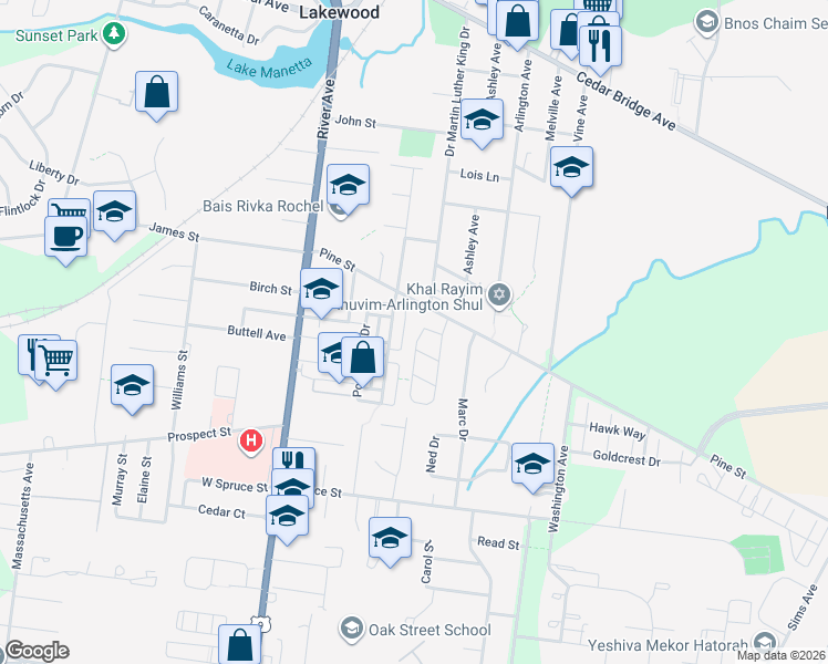 map of restaurants, bars, coffee shops, grocery stores, and more near 27 Forest Park Circle in Lakewood