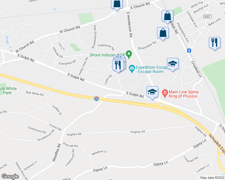 map of restaurants, bars, coffee shops, grocery stores, and more near 667 South Gulph Road in King of Prussia