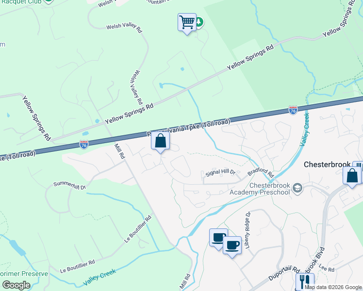 map of restaurants, bars, coffee shops, grocery stores, and more near 41 Main Street in Chesterbrook