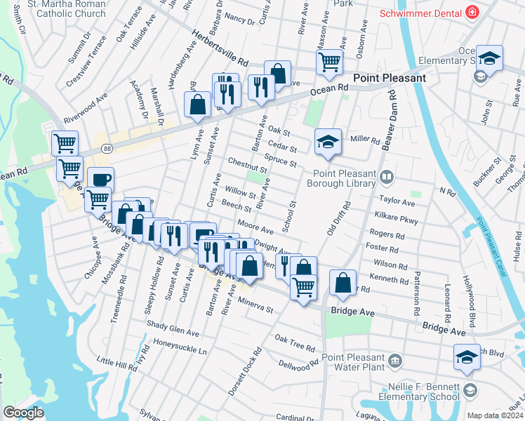 map of restaurants, bars, coffee shops, grocery stores, and more near 1106 River Avenue in Point Pleasant