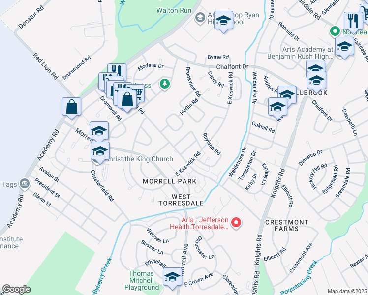 map of restaurants, bars, coffee shops, grocery stores, and more near 10714 Philcrest Road in Philadelphia