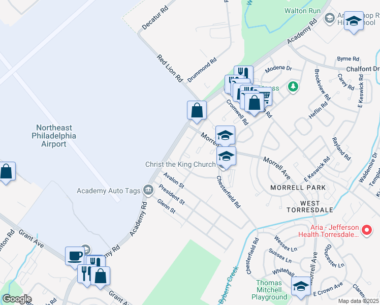map of restaurants, bars, coffee shops, grocery stores, and more near 3207 Thornbrook Place in Philadelphia