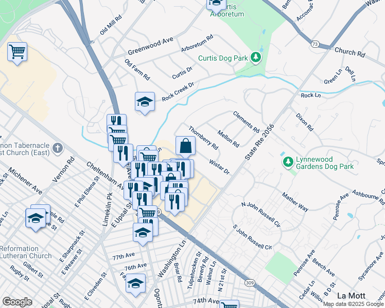 map of restaurants, bars, coffee shops, grocery stores, and more near 1474 Wistar Drive in Wyncote