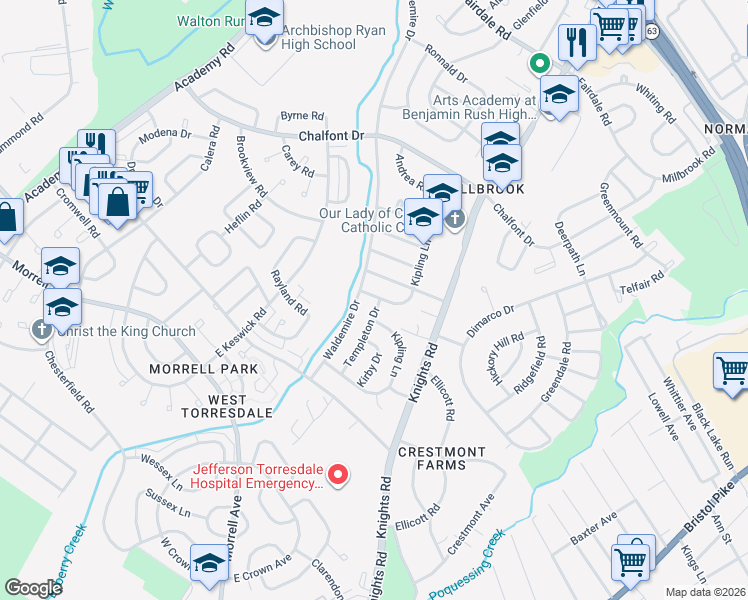 map of restaurants, bars, coffee shops, grocery stores, and more near 10970 Templeton Drive in Philadelphia