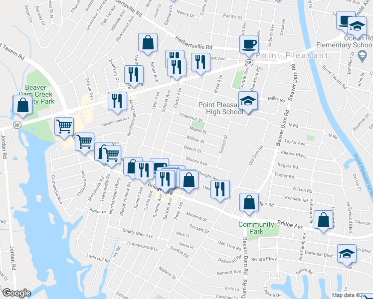 map of restaurants, bars, coffee shops, grocery stores, and more near 1108 Barton Avenue in Point Pleasant