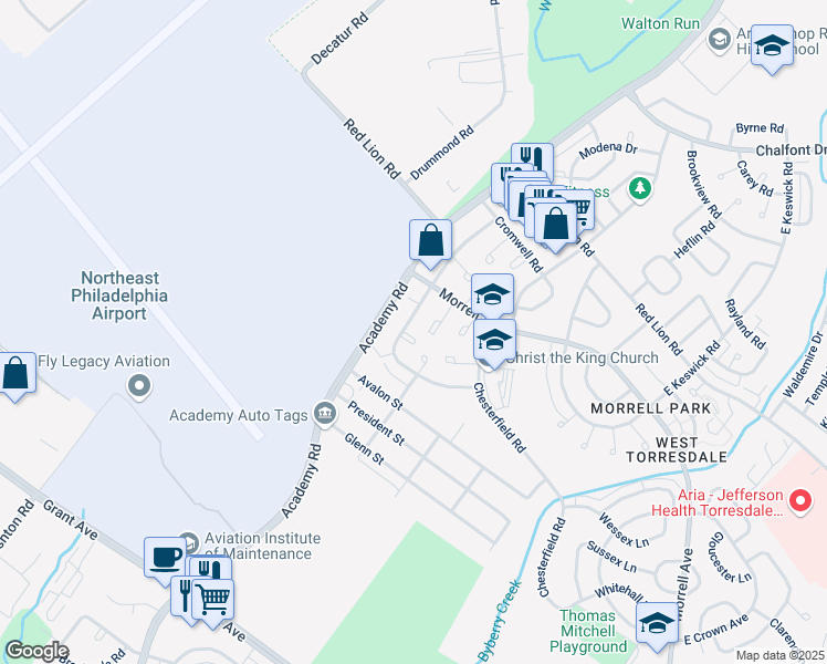 map of restaurants, bars, coffee shops, grocery stores, and more near 3205 Thornbrook Place in Philadelphia