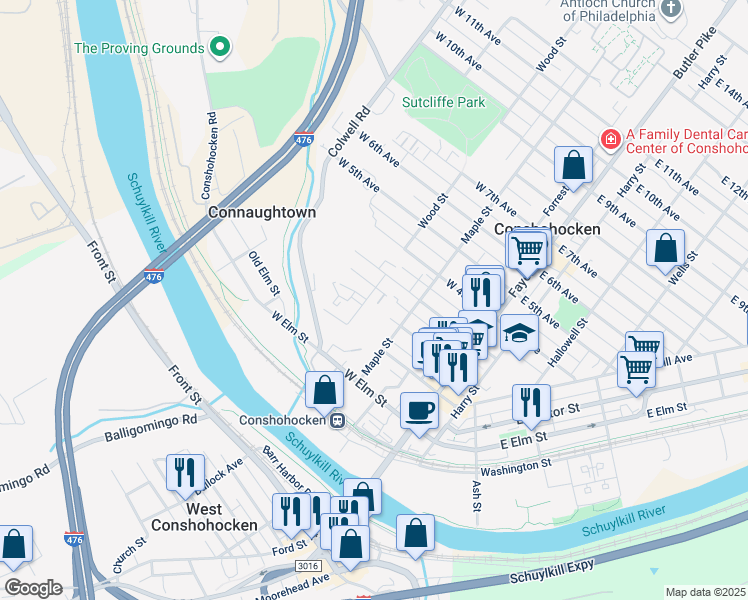 map of restaurants, bars, coffee shops, grocery stores, and more near 210 Wood Street in Conshohocken