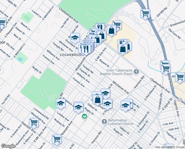 map of restaurants, bars, coffee shops, grocery stores, and more near 8254 Temple Road in Philadelphia