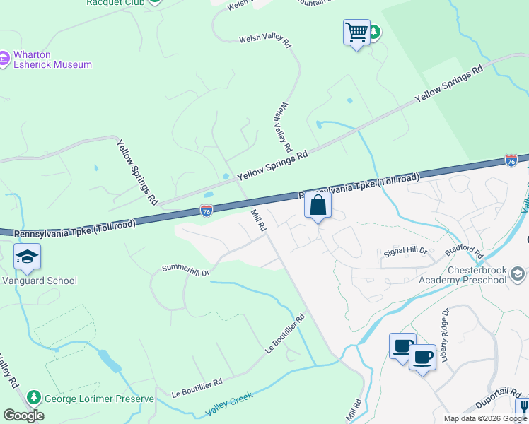 map of restaurants, bars, coffee shops, grocery stores, and more near 1084 Armstrong Court in Chesterbrook