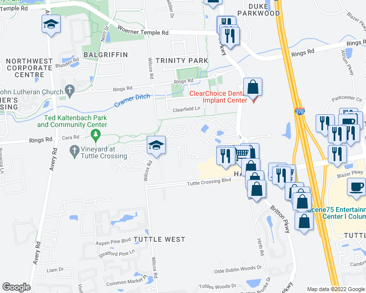 map of restaurants, bars, coffee shops, grocery stores, and more near 5454 Aubrey Loop in Dublin
