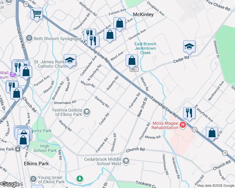 map of restaurants, bars, coffee shops, grocery stores, and more near 8320 Cedar Road in Elkins Park