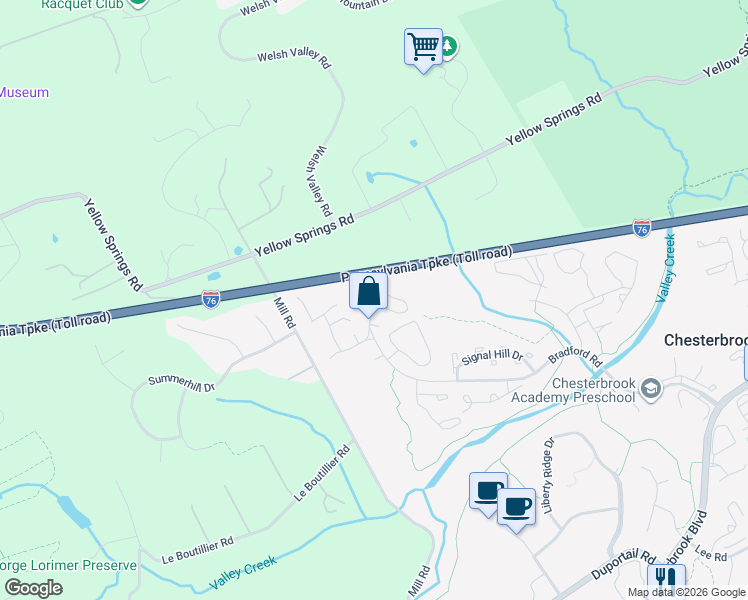 map of restaurants, bars, coffee shops, grocery stores, and more near 13 Sturbridge Lane in Chesterbrook