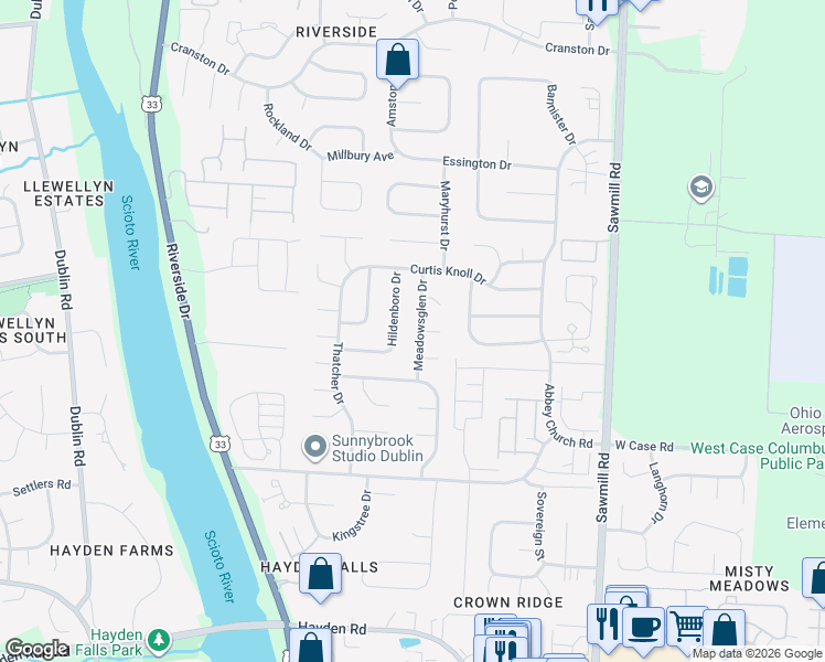map of restaurants, bars, coffee shops, grocery stores, and more near 5991 Meadowsglen Drive in Dublin