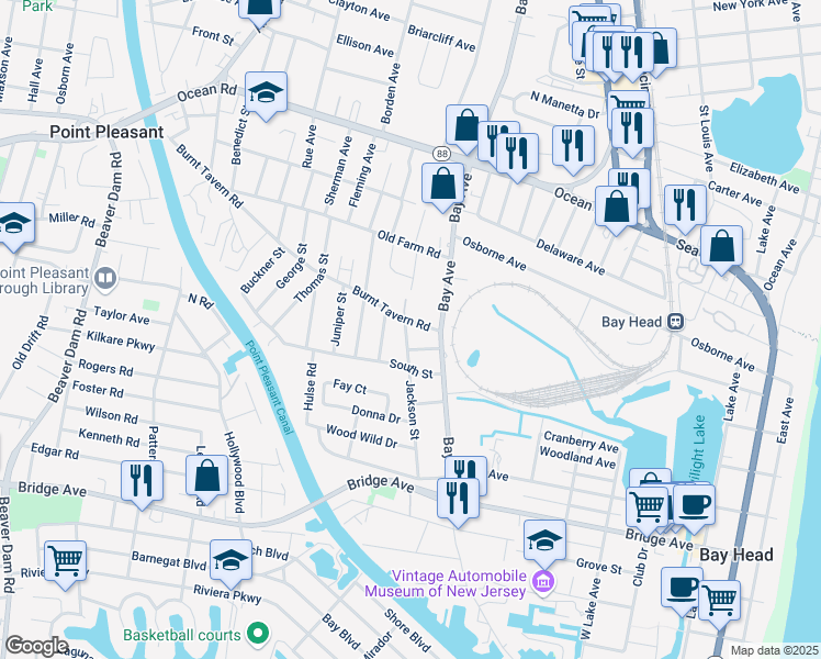 map of restaurants, bars, coffee shops, grocery stores, and more near 712 Burnt Tavern Road in Point Pleasant