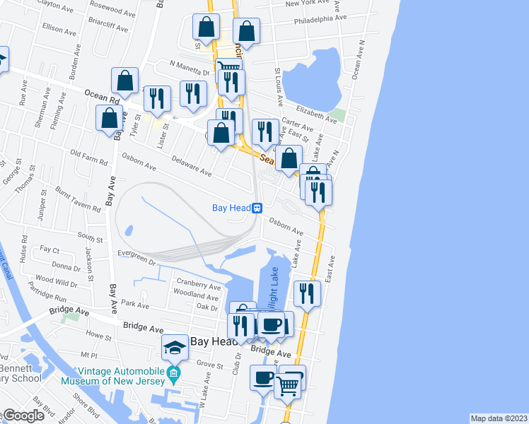map of restaurants, bars, coffee shops, grocery stores, and more near 801 Ocean Avenue in Surf City