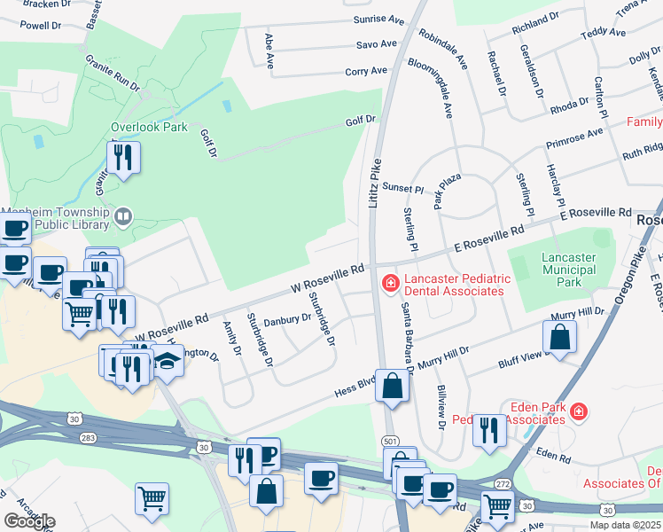 map of restaurants, bars, coffee shops, grocery stores, and more near 21 West Roseville Road in Lancaster