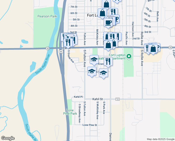 map of restaurants, bars, coffee shops, grocery stores, and more near 301 Reynolds St in Fort Lupton