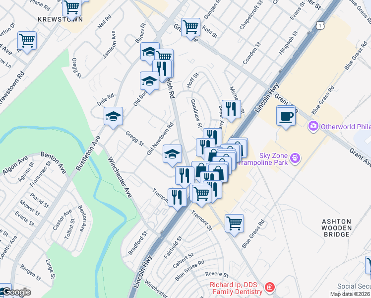 map of restaurants, bars, coffee shops, grocery stores, and more near 2089 Welsh Road in Philadelphia