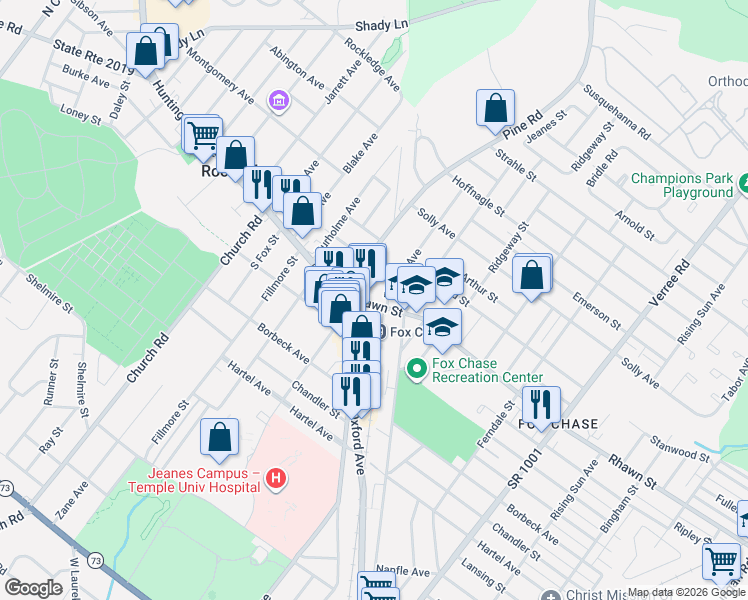map of restaurants, bars, coffee shops, grocery stores, and more near 427 Rhawn Street in Philadelphia