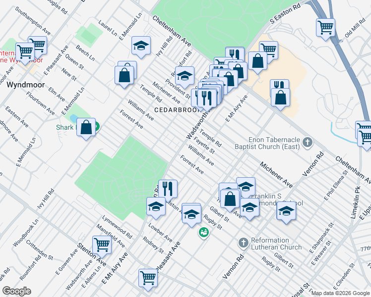 map of restaurants, bars, coffee shops, grocery stores, and more near 8340 Williams Avenue in Philadelphia