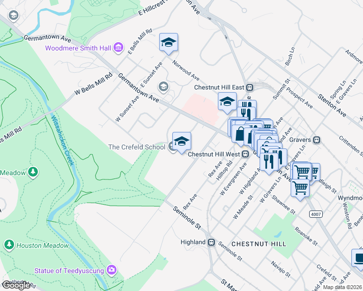 map of restaurants, bars, coffee shops, grocery stores, and more near 8813 Crefeld Street in Philadelphia